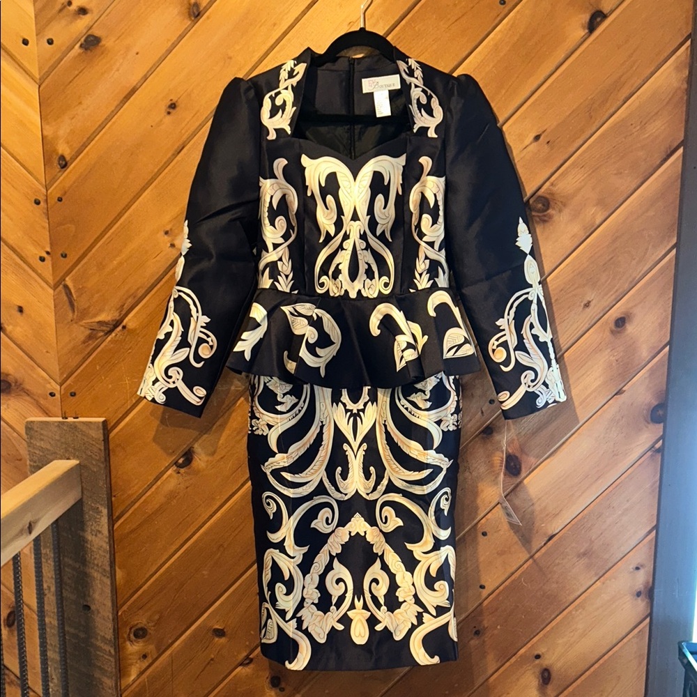 Especially yours black and gold damask brocade peplum top dress NWT